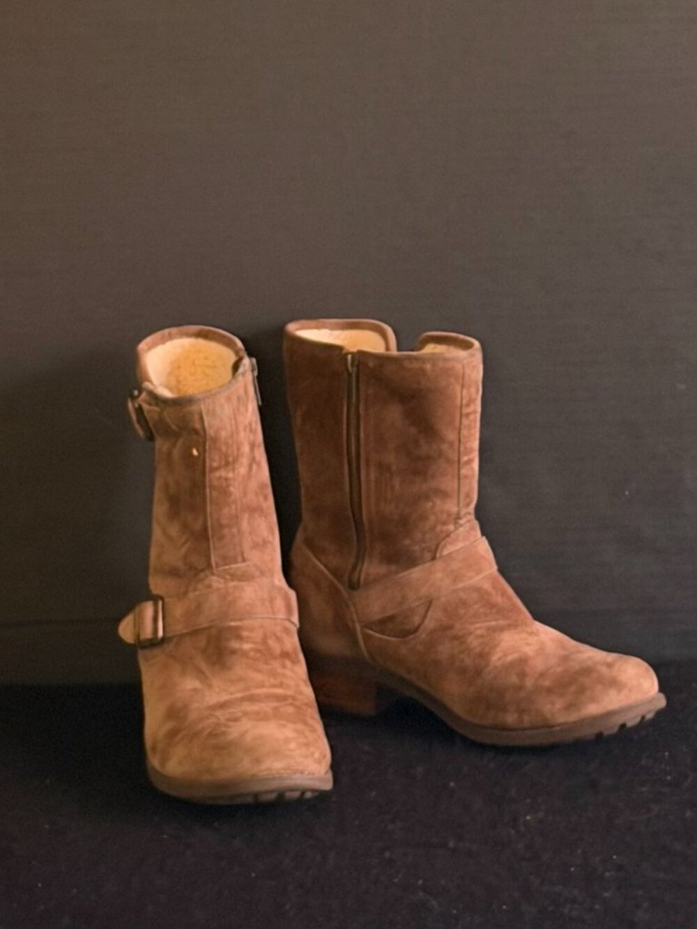 UGG Womenās āChaneyā Cognac-Tan Moto Suede Boots Size 10